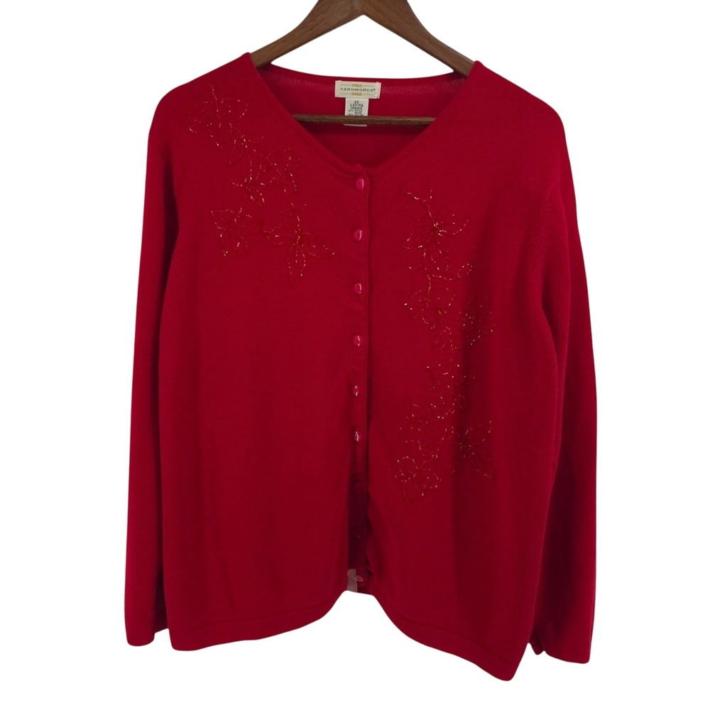 Yarnworks Sweater Size 2X Cardigan Vintage Beaded Button Grandma Red